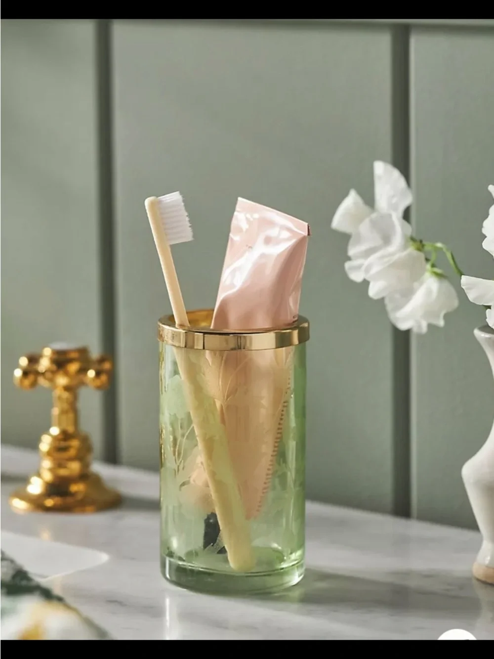 Anthropologie Floral Etched Glass 5 Piece Bath Accessories with Gold Trim. - Picture 6 of 6